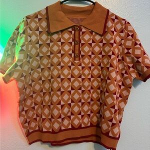 Cider Short Sleeve Geometric Knit Polo in Rust, Cream, Red